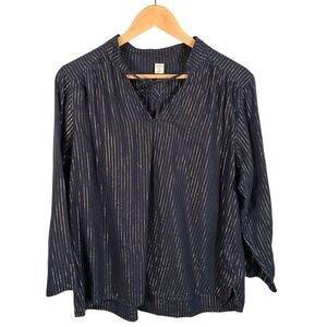 Old Navy Womens M Navy Blue Metallic Stripe Long Sleeve Tie Neck Peasant‎ Top